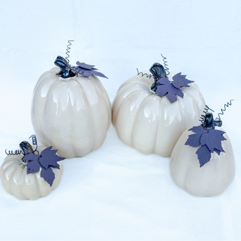 Creamy White Ceramic Pumpkins w/ Purple Metal Leaves BUNDLE/SET OF 4 fall decor